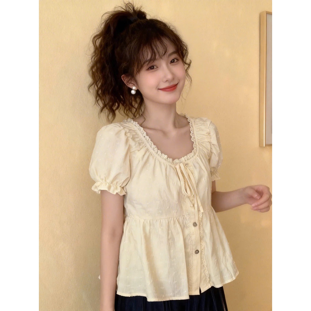 Áo kiểu nữ YUMMY dáng babydoll viền bèo thắt nơ, Áo sơ mi dáng suông rộng phong cách Hàn Quốc S11 | BigBuy360 - bigbuy360.vn