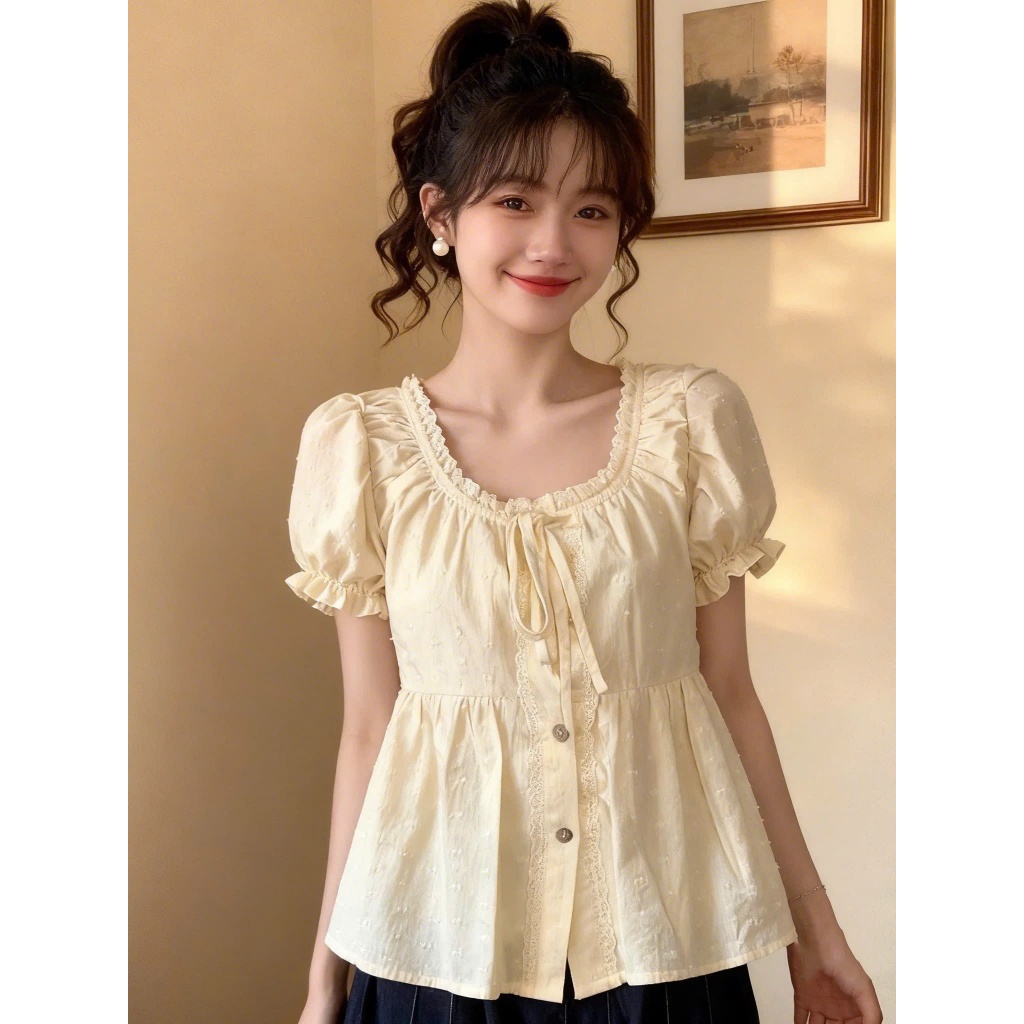 Áo kiểu nữ YUMMY dáng babydoll viền bèo thắt nơ, Áo sơ mi dáng suông rộng phong cách Hàn Quốc S11 | BigBuy360 - bigbuy360.vn
