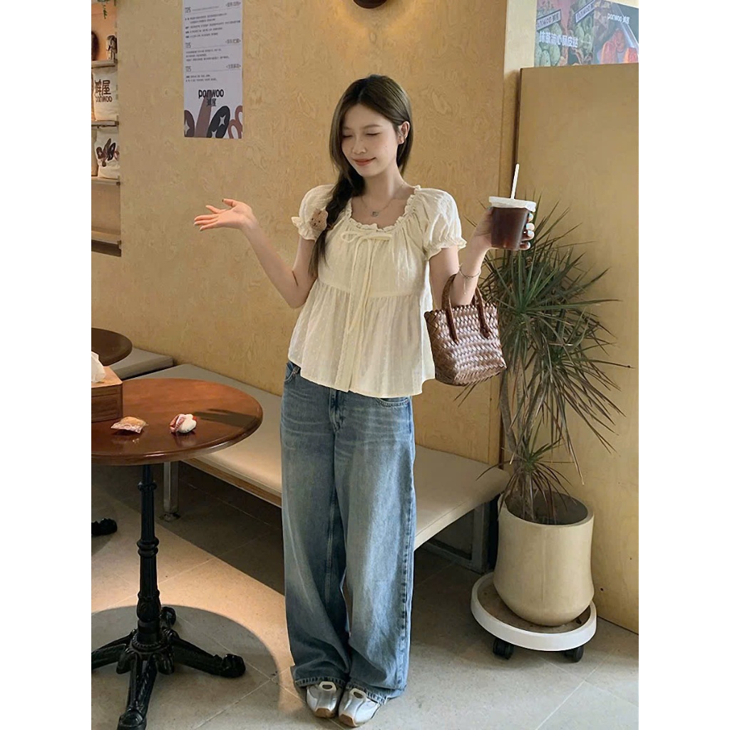 Áo kiểu nữ YUMMY dáng babydoll viền bèo thắt nơ, Áo sơ mi dáng suông rộng phong cách Hàn Quốc S11 | BigBuy360 - bigbuy360.vn