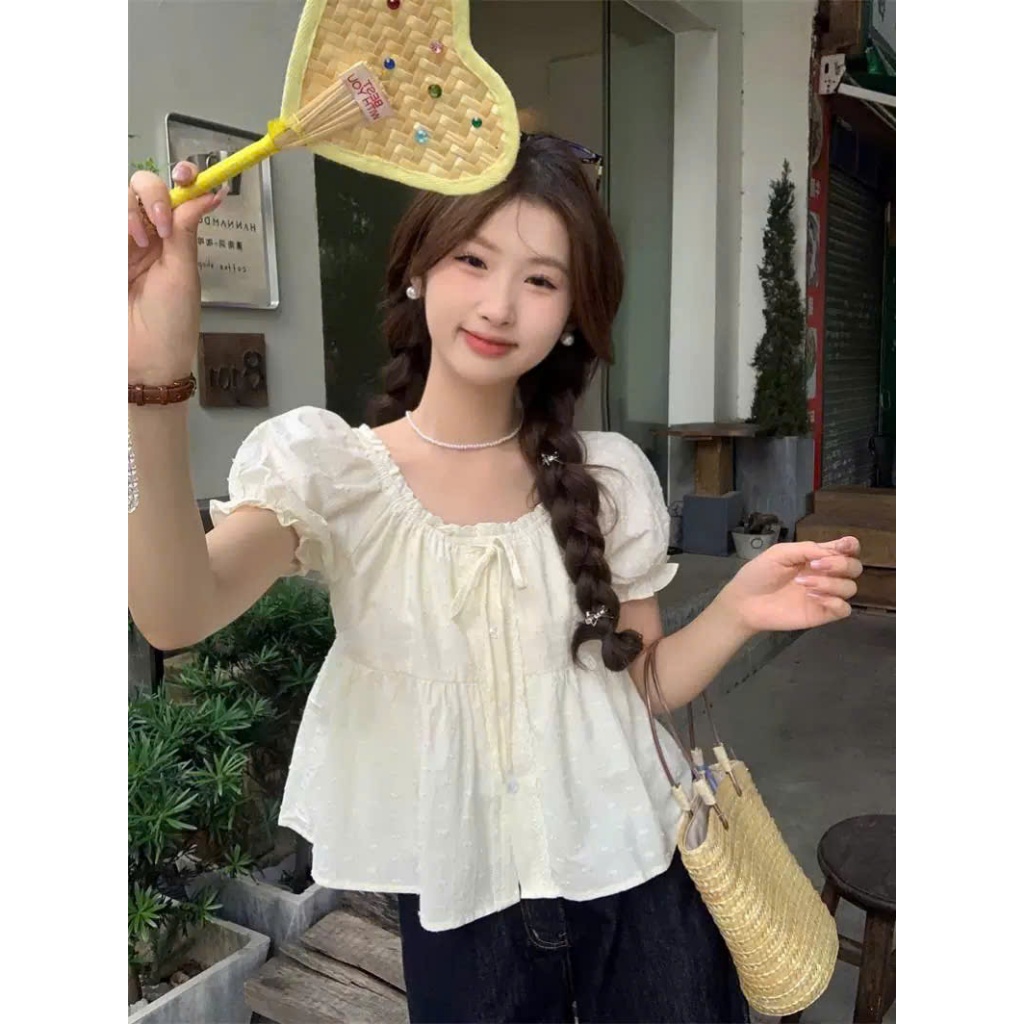 Áo kiểu nữ YUMMY dáng babydoll viền bèo thắt nơ, Áo sơ mi dáng suông rộng phong cách Hàn Quốc S11 | BigBuy360 - bigbuy360.vn