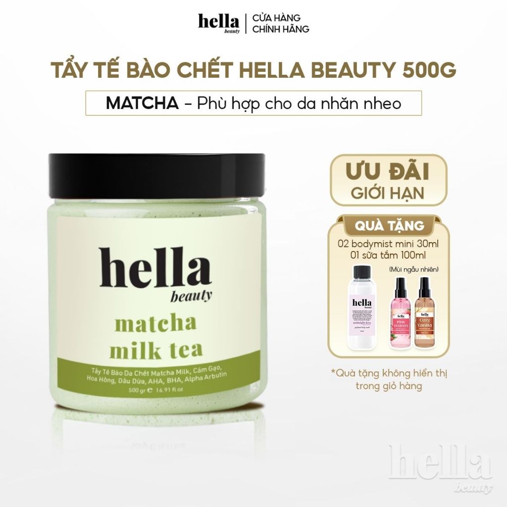Tẩy tế bào chết body matcha Hella Beauty 500g giúp làm sạch sâu hỗ trợ chống oxy hóa