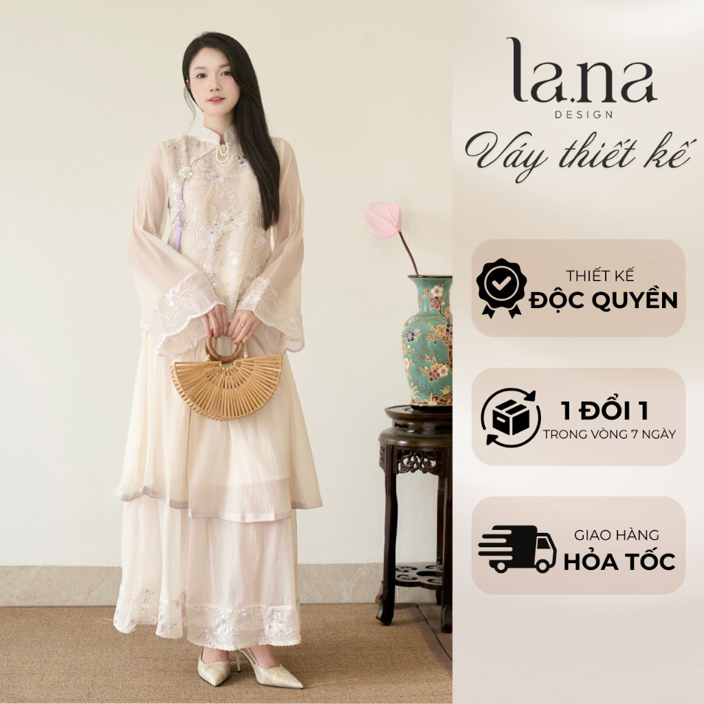 Pháp Phục Diệu Tử Hoa thiết kế LANA DESIGN chất liệu tơ xốp đính kim sa phối chân váy bồng  - SV453