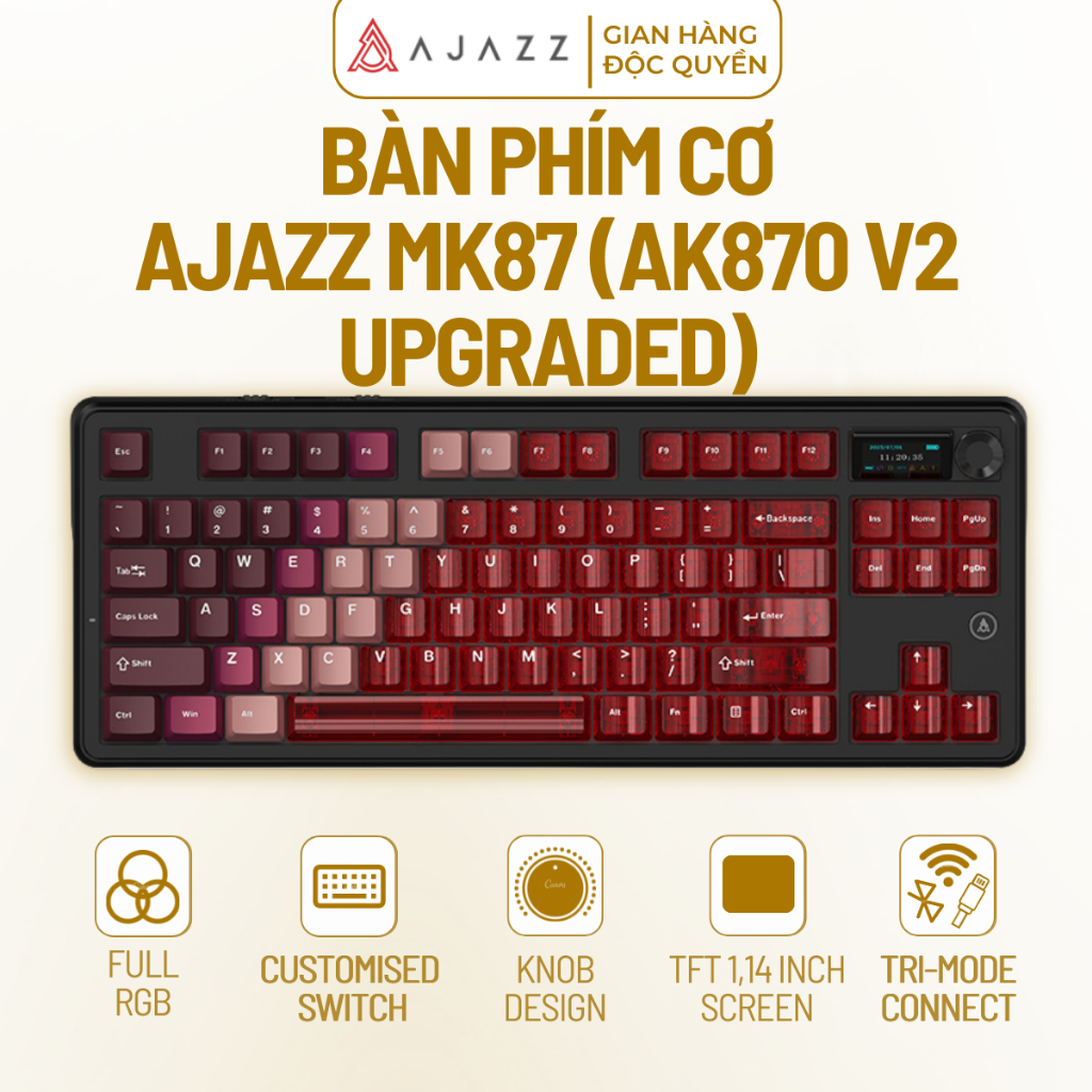 Bàn Phím Cơ AJAZZ MK87 (AK870 V2) With Screen, 3 Mode Kết Nối, Mạch Xuôi Led RGB, Núm Xoay Điều Khiể