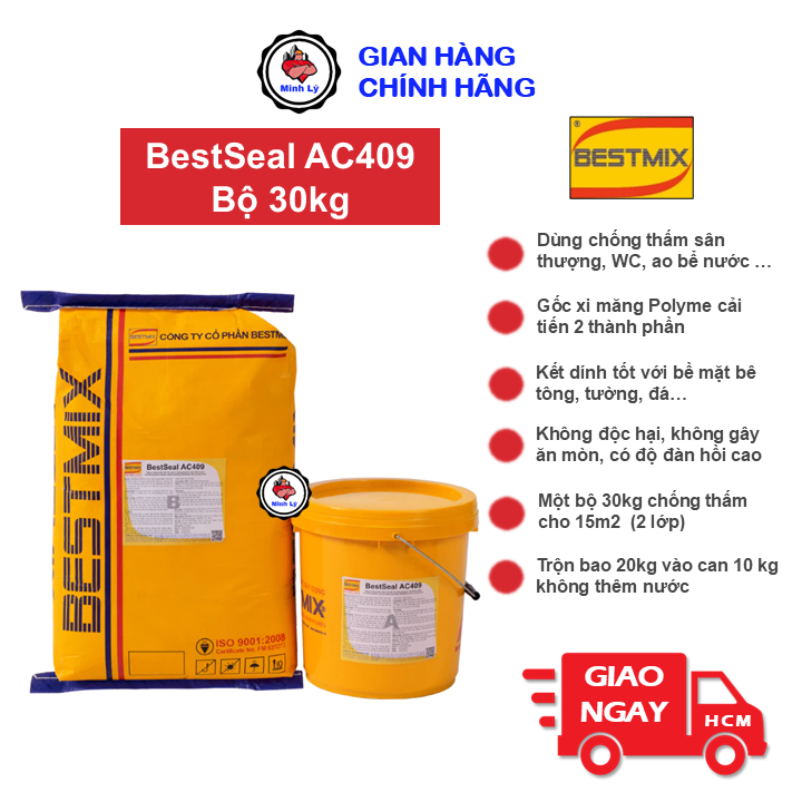 [Hỏa Tốc] Bộ 30kg BestSeal AC409 Vữa Chống Thấm Đàn Hồi Gốc Xi Măng Polyme Cho Sân Thượng, Ao hồ, Sà
