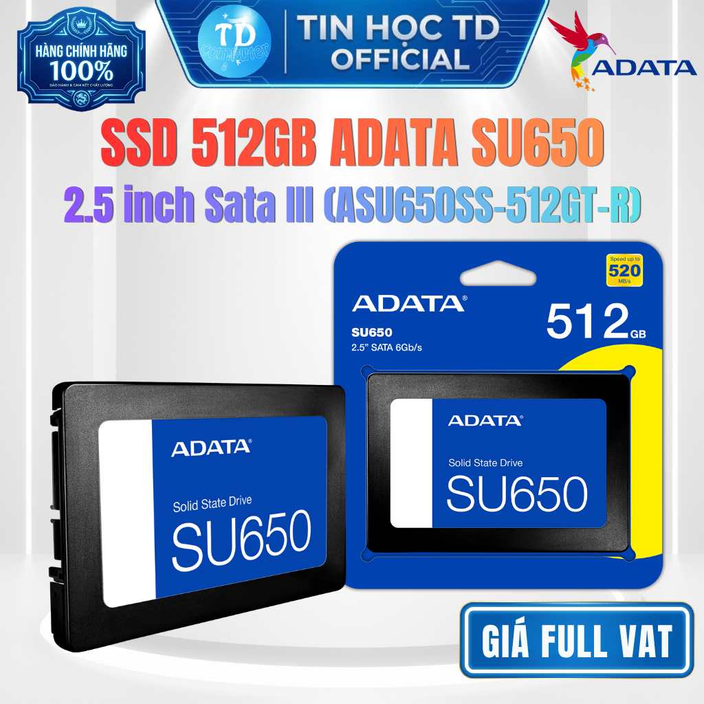 SSD 512GB ADATA SU650 2.5" SATA III (ASU650SS-512GT-R) - Hàng chính hãng DGW phân phối