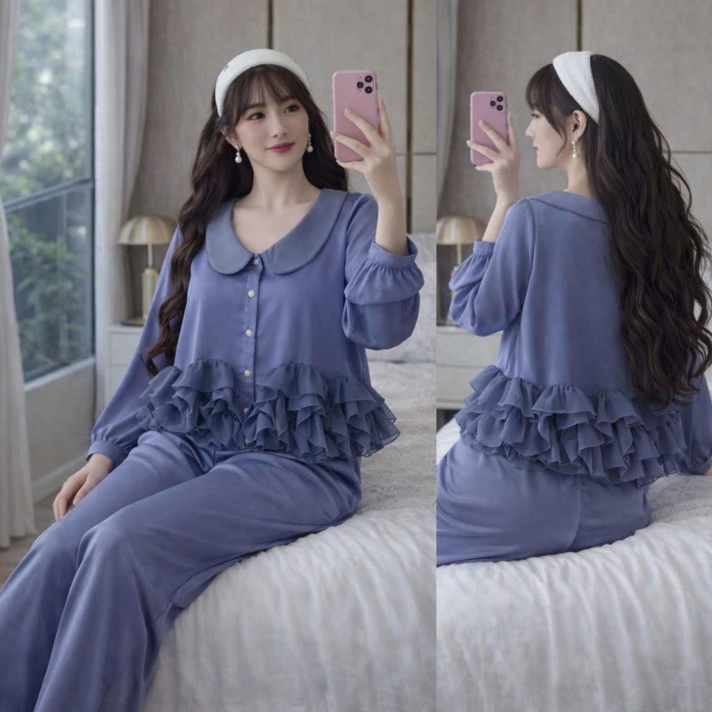 M24 Đồ Ngủ Nữ tay dài quần dài Bigsize LUALALA, Đồ Ngủ Sexy  tiểu thư Lụa Latin Cao Cấp Mềm Mại Xinh