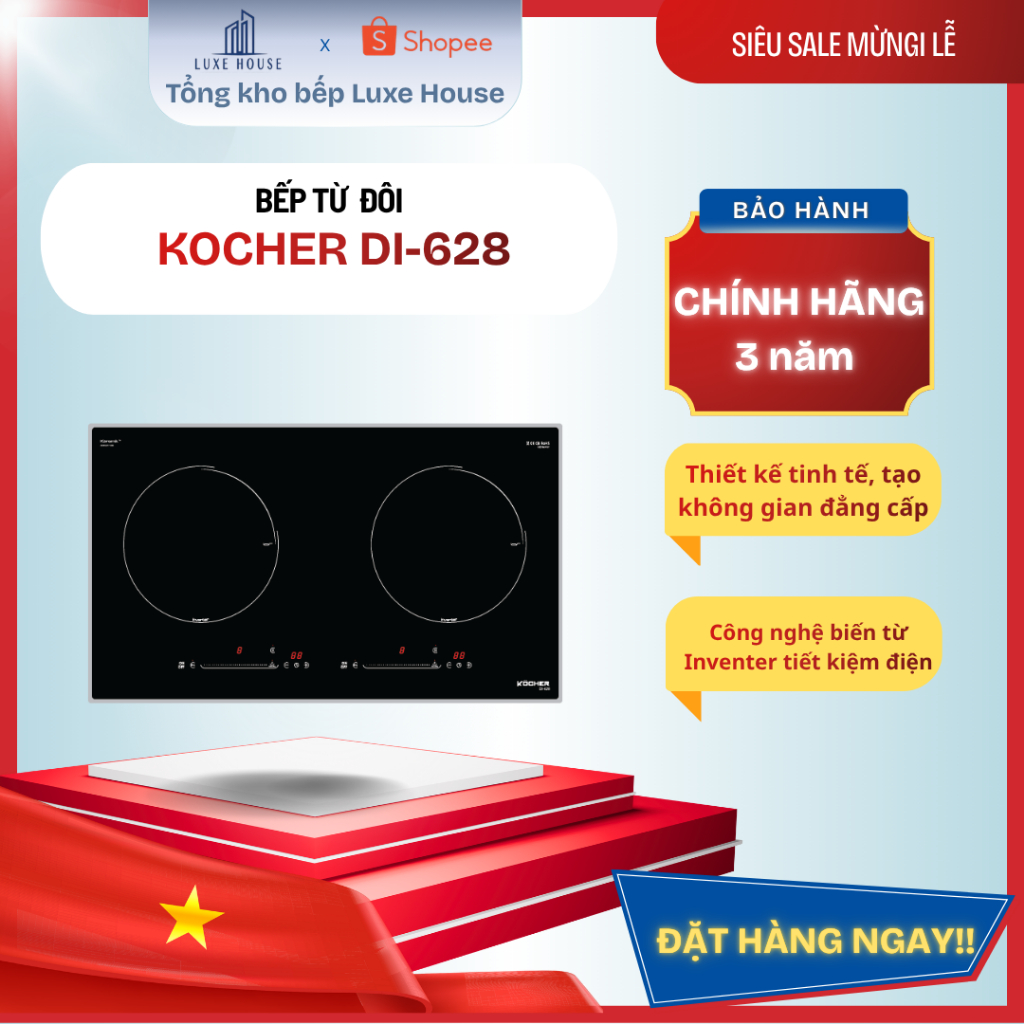 Bếp Từ Đôi Kocher DI-628 Inverter Tiết Kiệm Điện, Booster 2200W, Mặt Kính Keramik Cao Cấp