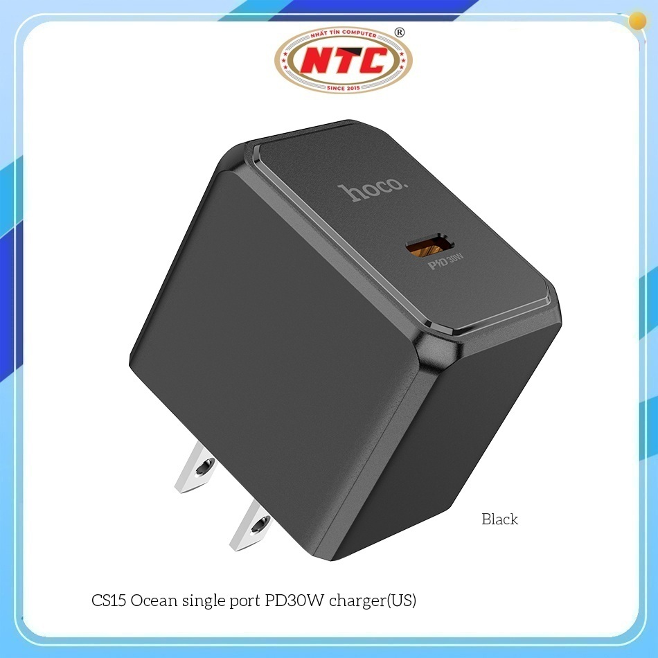 Cốc Sạc Hoco CS15 cổng TypeC PD 30W, chân dẹp (Đen)