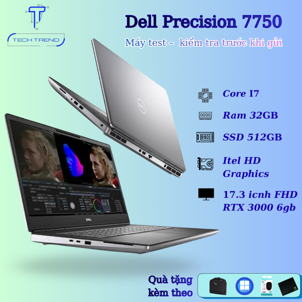 Laptop Dell Precision 7750, Core i7-10th, Ram 32GB, SSD 512GB, Card RTX 3000, 17.3inch FHD