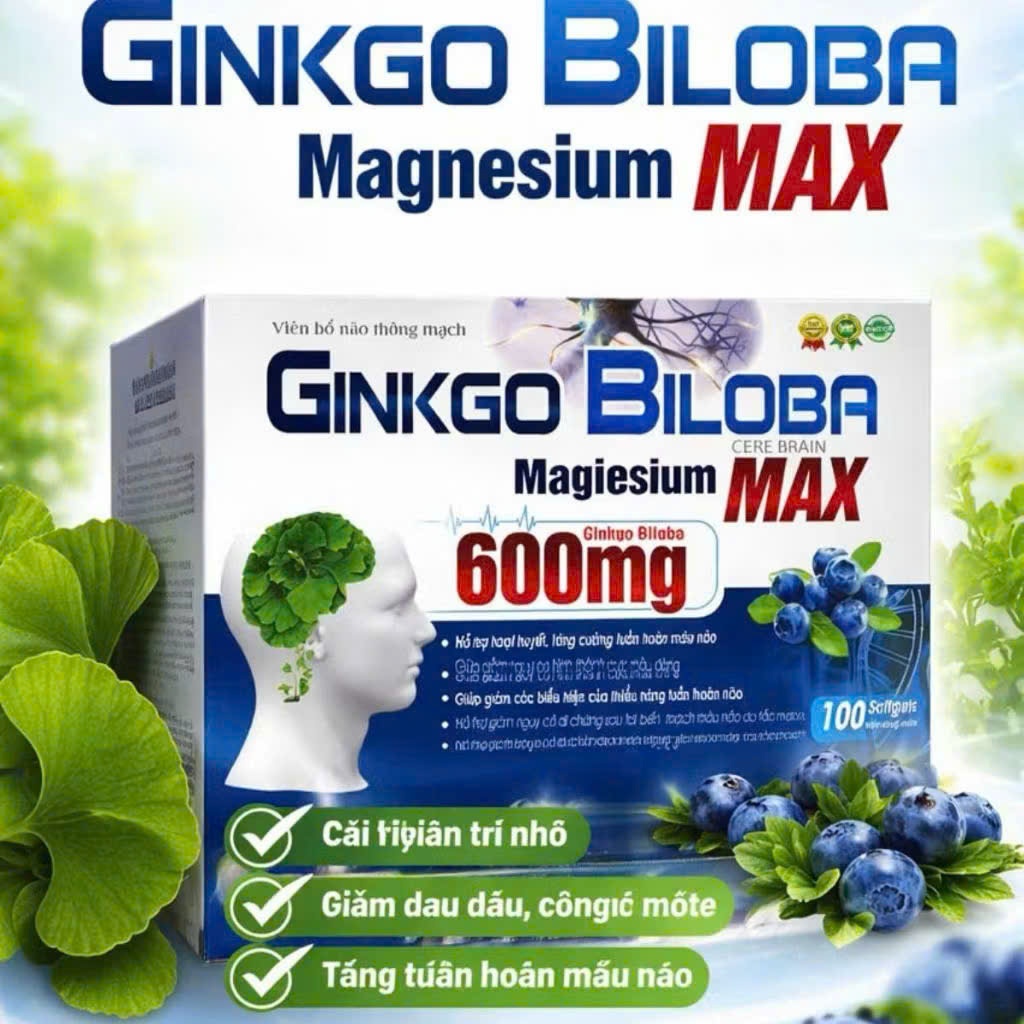 Viên bổ não thông mạch GINkGO BILOBA Cere Brain Max giúp hoạt huyết dưỡng não Ginkgo Biloba 600mg 10