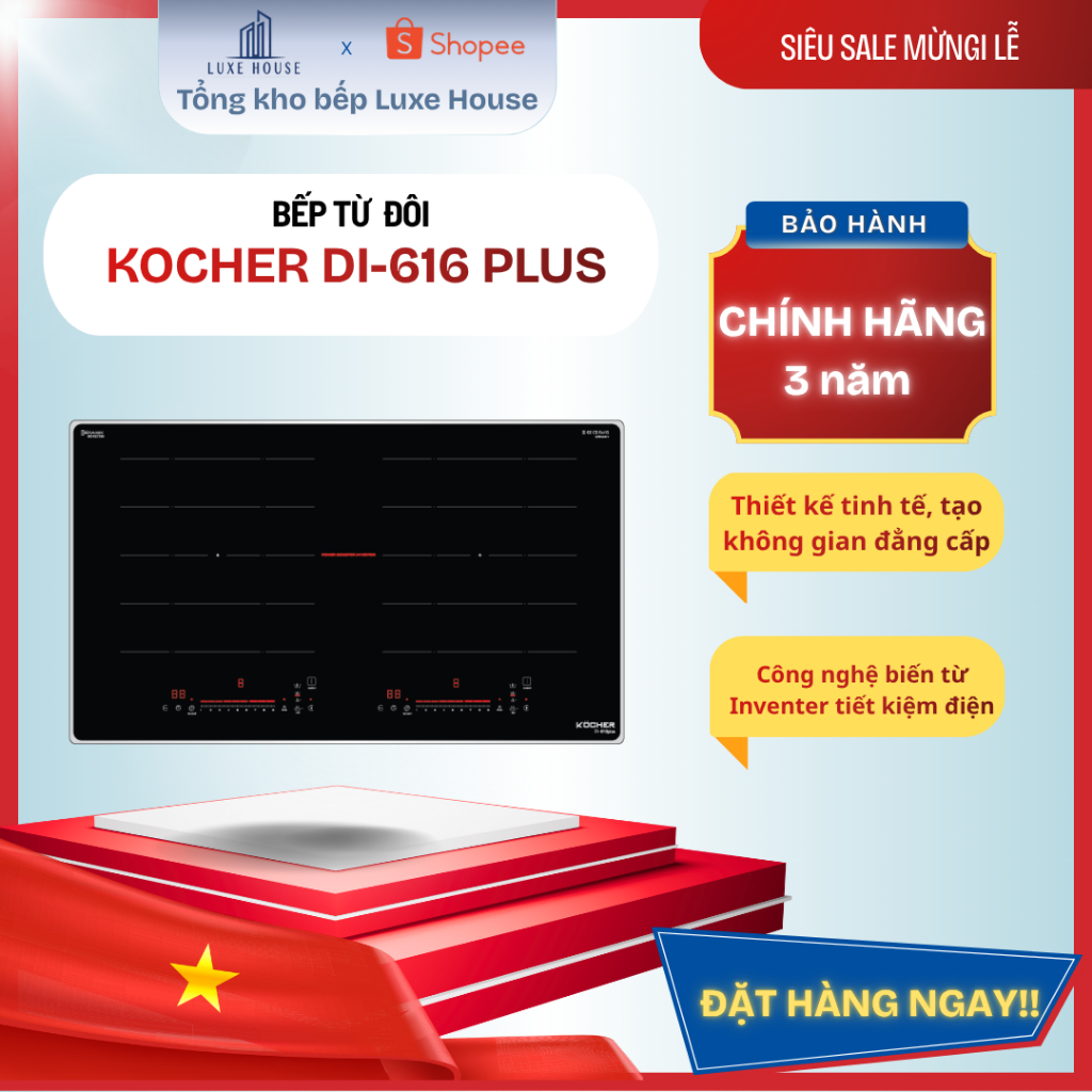 Bếp từ đôi KOCHER DI-616Plus âm bàn, Booster 2300W, Inverter tiết kiệm Điện,