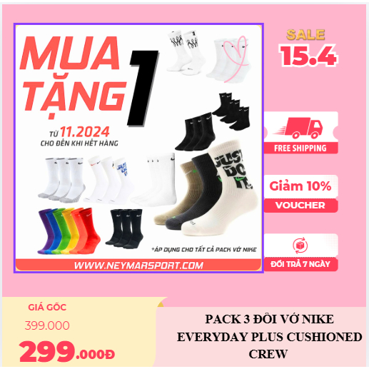 Pack 3 đôi vớ Nike Everyday Plus Cushioned Crew