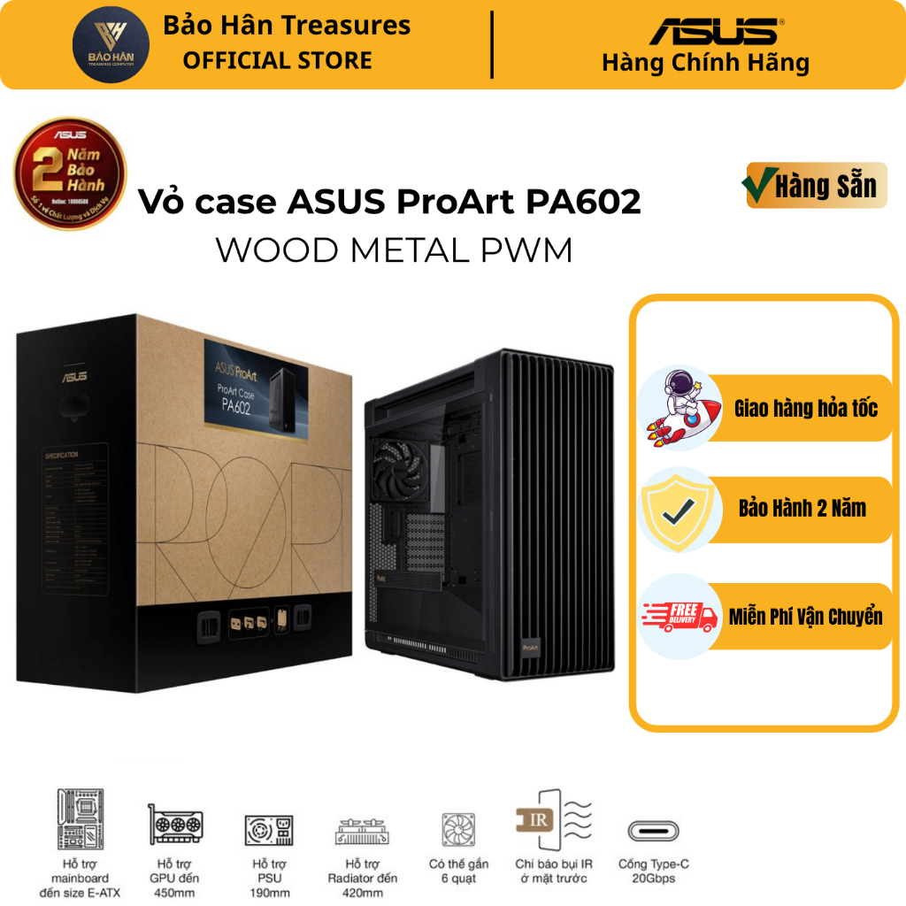 Vỏ case máy tính ASUS ProArt PA602 WOOD METAL PWM BLACK (EATX, 3 Fan, bản gỗ, mặt kim loại) - Hàng C