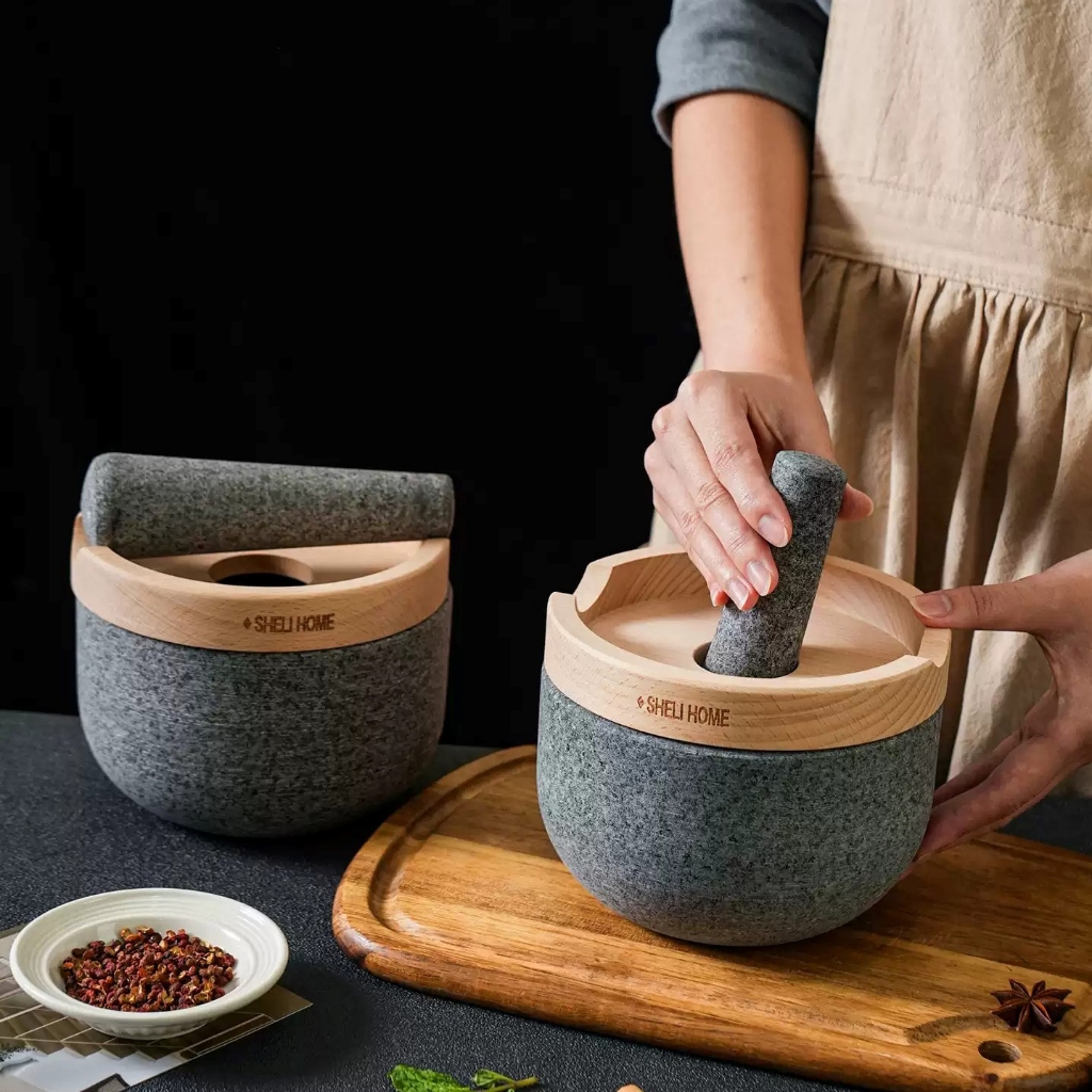 Bộ Cối Chày Đá Sheri Cao Cấp – Chất Liệu Đá Tự Nhiên, Kèm Nắp Gỗ