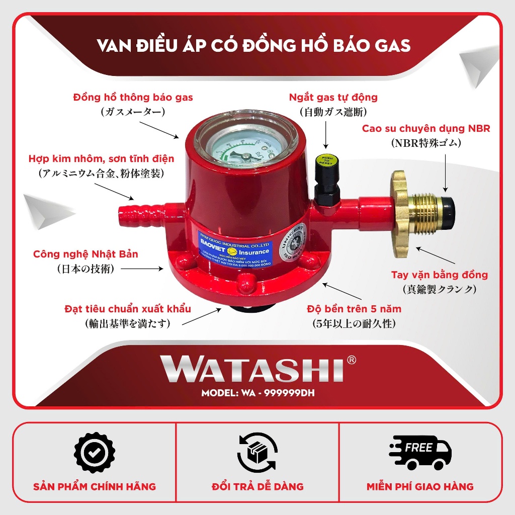 Van Ngắt Gas Tự Động Cao Cấp Có Đồng Hồ Báo Áp Theo Dõi Gas Watashi WA-999999DH