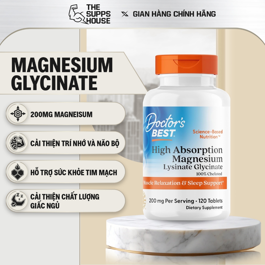 Viên magie hữu cơ Doctor's Best High Absorption Magnesium (USA) hấp thụ tốt, giảm stress, khó ngủ
