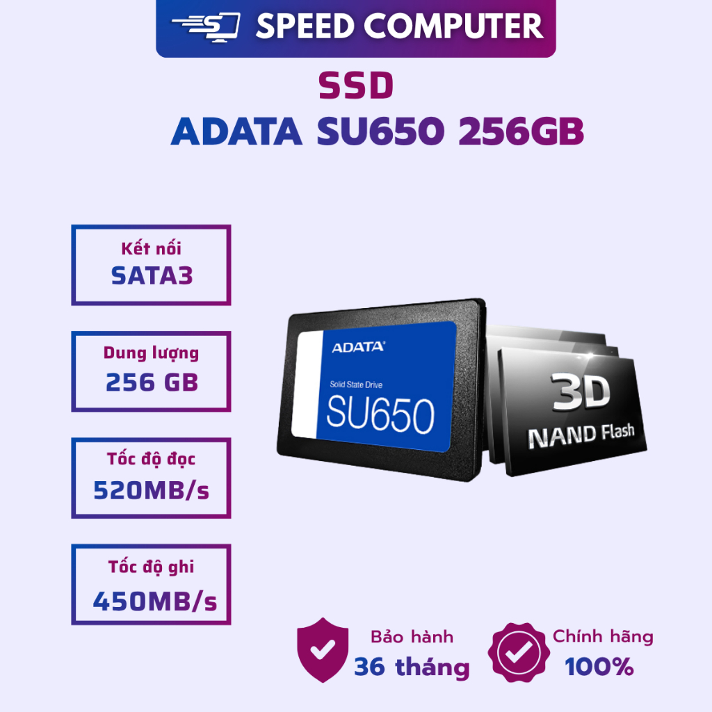 Ổ cứng SSD ADATA SU650 256GB Sata III Mới, Chính Hãng . Bảo hành 36 tháng