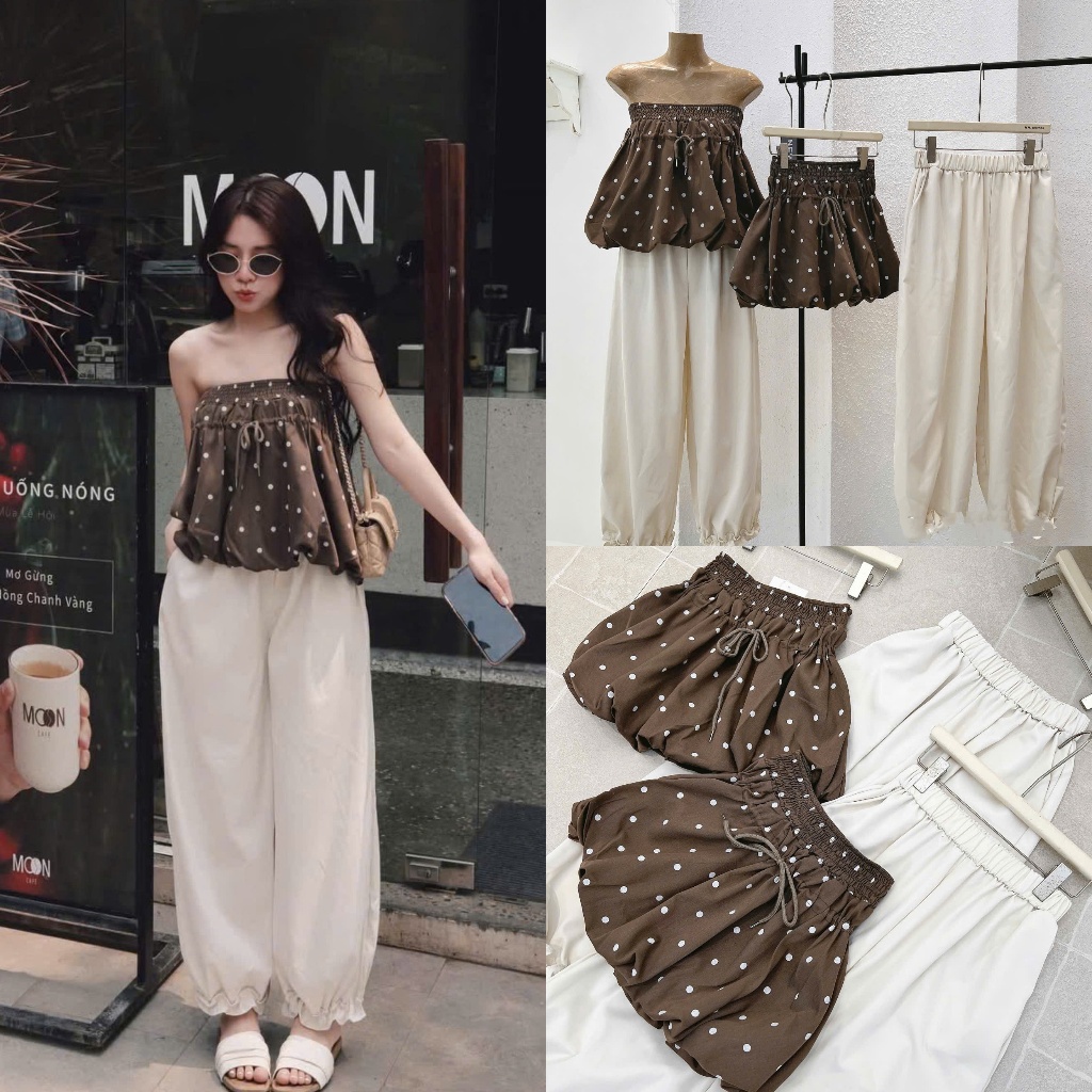 (Set 2 Món): Áo Quây Chấm Bi Chun Nâu Dáng Bí + Quần Kaki Kem Bo Gấu Bèo Màu Sang Chuẩn From -Ảnh Thật Lollaye | BigBuy360 - bigbuy360.vn
