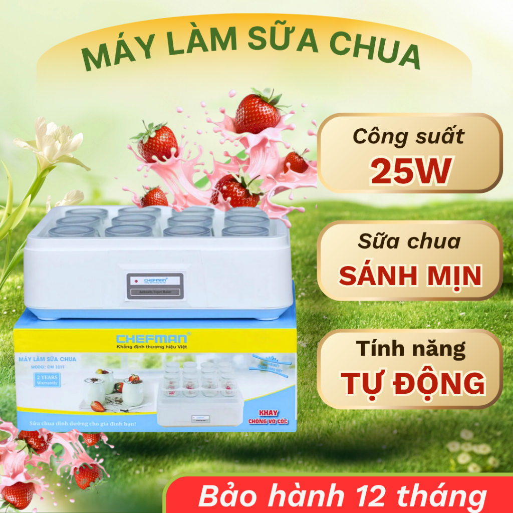 Máy làm sữa chua CHEFMAN CM321 công suất 25W, máy ủ sữa chua tự động 12 cốc thủy tinh bảo hành 24TH
