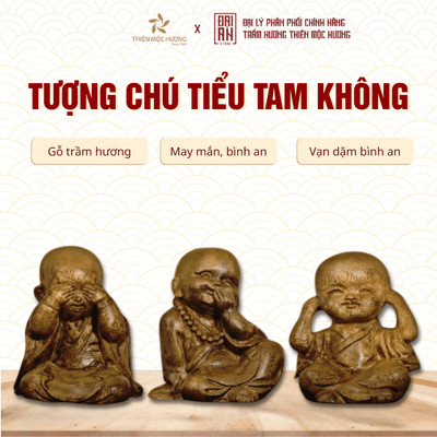 Bộ tượng chú tiểu tam không gỗ trầm cao cấp Thiên Mộc Hương Phong Thủy May Mắn, trang trí taplo ô tô, bàn làm việc