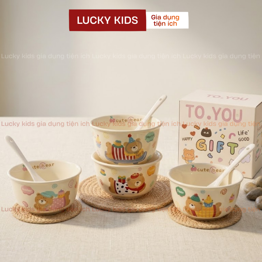 [TẶNG HỘP QUÀ]  Set 1 Bát Sứ Kèm 1 Thìa Họa Tiết Gấu, Cún, Mèo Cute, Bát Ăn Cơm Gốm Sứ Cao Cấp Có Hộ