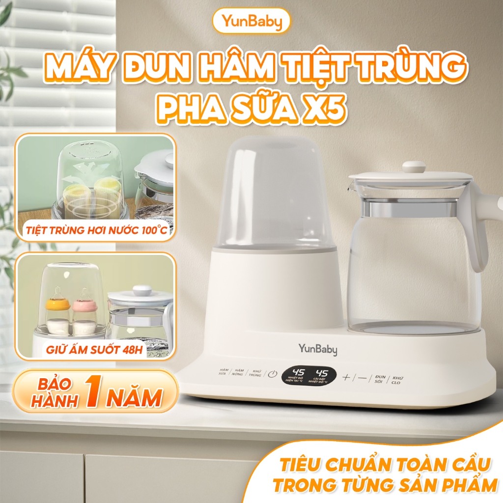 Máy đun hâm tiệt trùng hơi nước X5 Yunbaby, tiệt trùng, sấy khô, đun nước, khử Clo, Giữ ấm 48H - Bảo