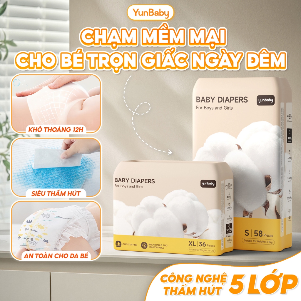 Tã bỉm quần/dán Yunbaby, mềm mỏng, khô thoáng, ngừa hăm, thấm hút 700ml, chống tràn hiệu quả