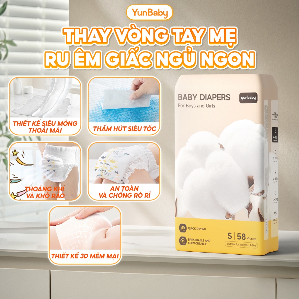 (MIẾNG DÙNG THỬ) Tã/Bỉm quần dán Yunbaby, mềm mỏng, thấm hút 700ml, thân thiện với da bé
