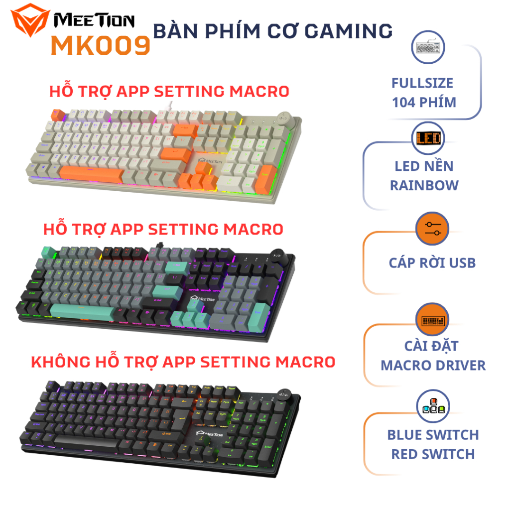 Bàn phím cơ gaming Meetion MK009 Fullsize 104 phím Hot-swappable (Red/Blue Switch), LED nền Rainbow, có App cài Macro