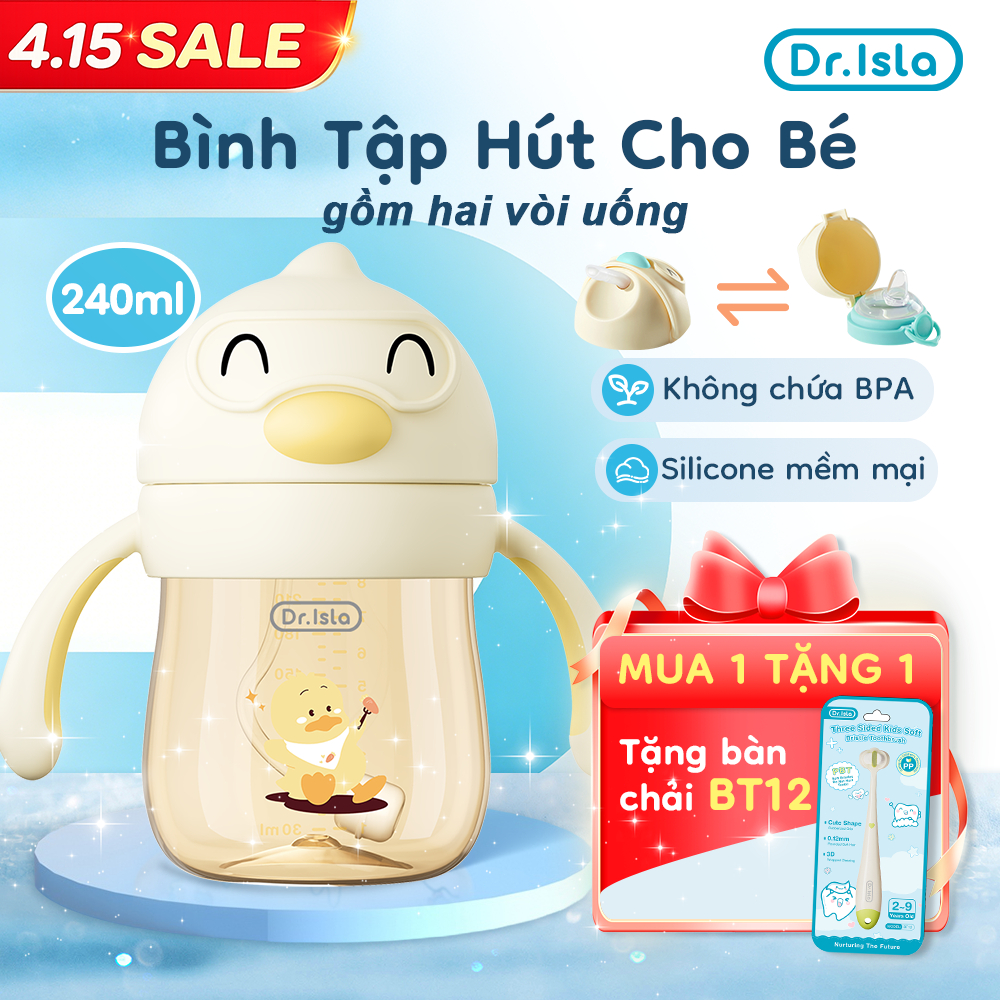 Bình Tập Hút Cho Bé Dr.isla  bình sữa Vật liệu PPSU 240ml gồm hai vòi uống BPA Free an toàn và tiện lợi WC35