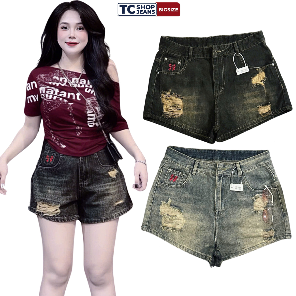Quần short jean nữ thêu nơ đỏ phối rách nhẹ TC SHOP JEANS bigsize 55-90kg chất jean mềm không giãn M