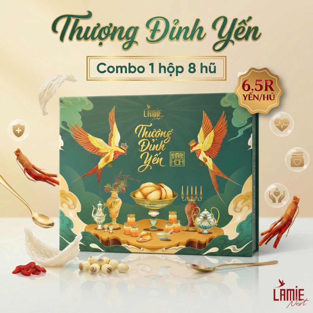 Yến sào hũ chưng sẵn Lamie Nest - Set quà tết 6 hũ, hộp 8 hũ cao cấp - kèm túi nilon thương hiệu,  [