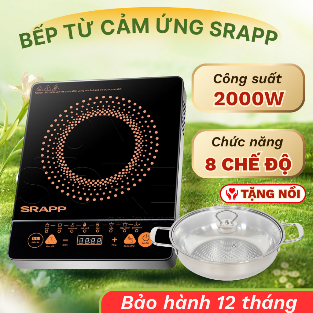 Bếp từ cảm ứng SRAPP SH-BT118 tặng kèm nồi công suất 2000W mặt kính cường lực 8 chế độ nấu BH 12TH