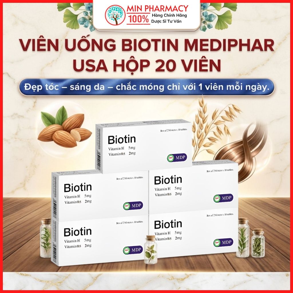 Viên uống Biotin (bổ sung vitamin H) và vitamin B5 Hỗ trợ tóc, móng Mediphar USA hộp 20 viên - Minpharmacy