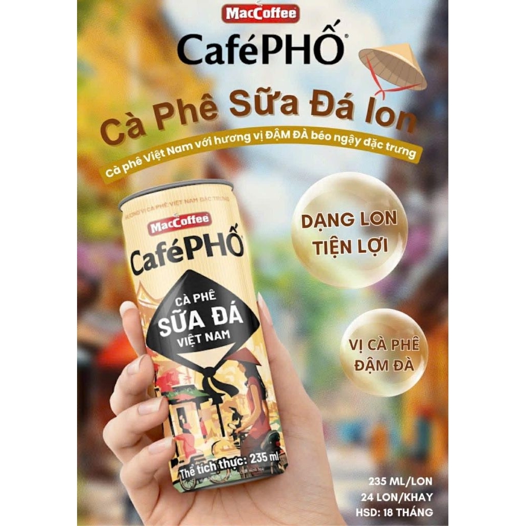 Thùng 24 lon cafe sữa đá Cafe Phố Maccoffee (24 lon×235ml)