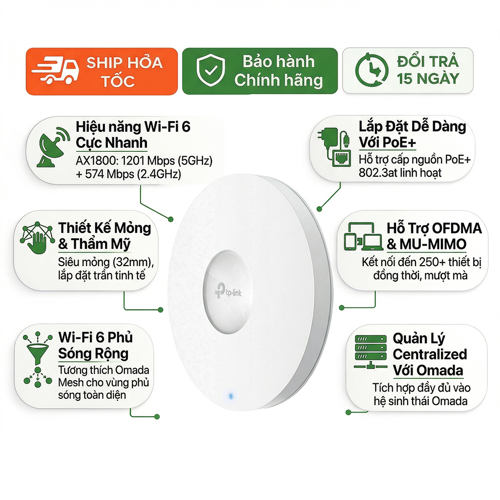 Access Point TP-Link EAP613 AX3000 WiFi 6 Omada MU-MIMO Gắn Trần Doanh Nghiệp