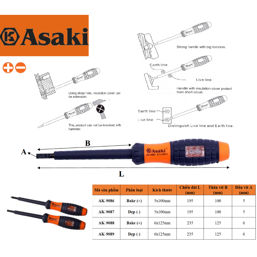 Tua vít cách điện & thử điện 6x125mm bake Asaki AK-9088
