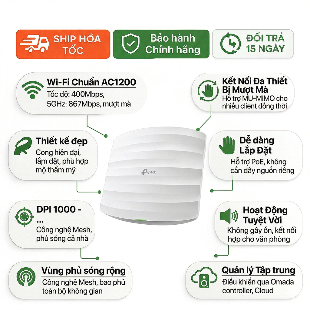 Access Point TP-Link EAP223 AC1350 Omada MU-MIMO Gắn Trần Doanh Nghiệp