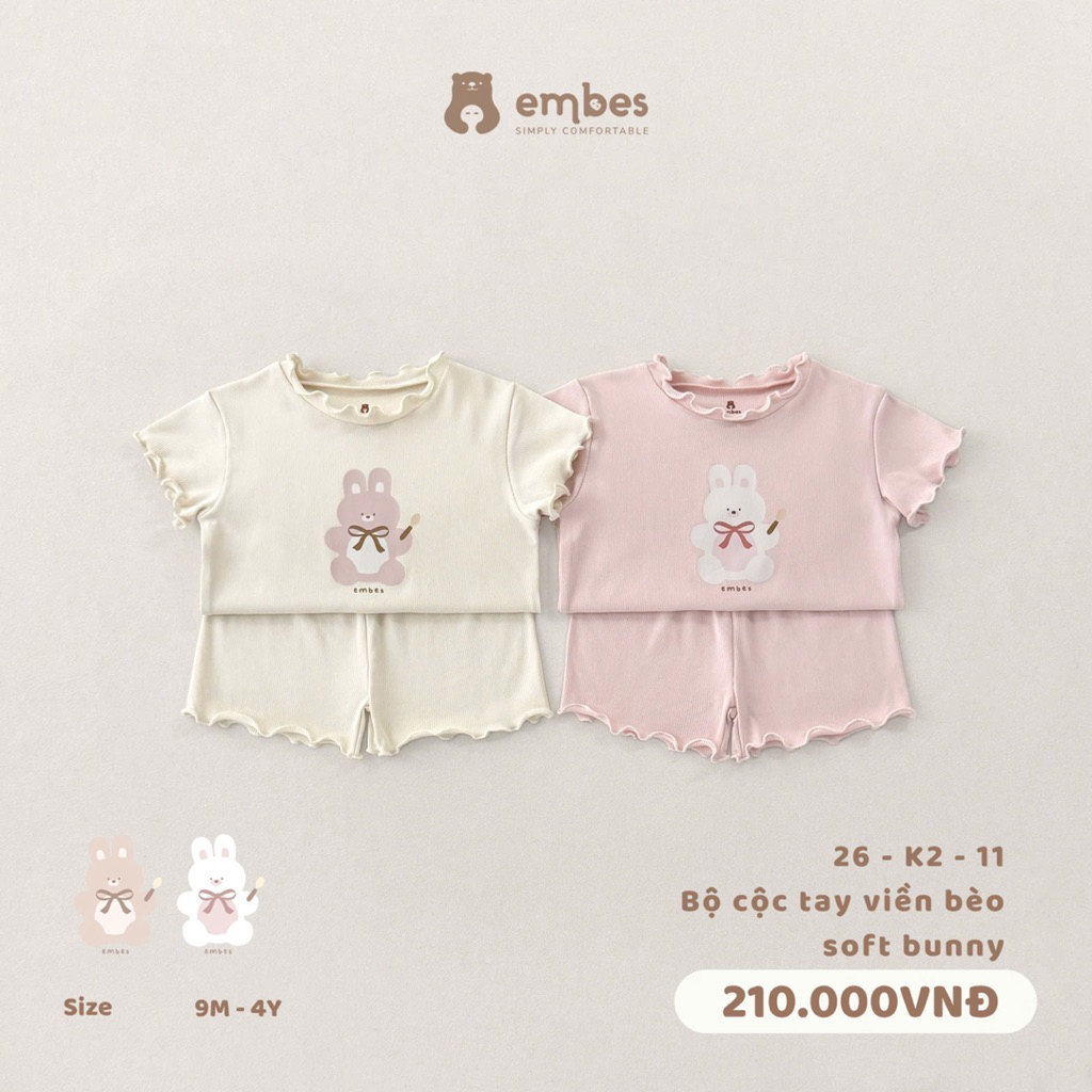 Bộ cộc tay viền bèo Embes in hình thỏ cho bé gái. Bộ cộc mùa hè cho bé gái BEO.Kids
