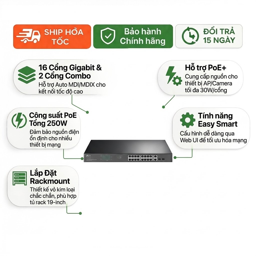 Switch TP-Link TL-SG1218MP 18 Port Gigabit PoE+ 16 PoE 2 Uplink VLAN QoS