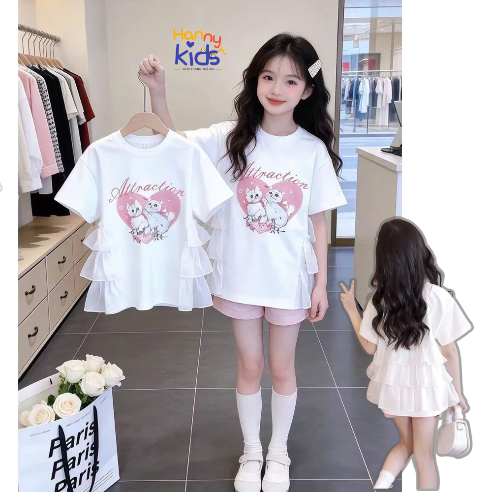 ( DEAL MỞ BÁN  ) Áo thun bé gái dáng váy xòe Size 12-35KG, Áo thun ngắn tay bé gái phối bèo tiểu thư