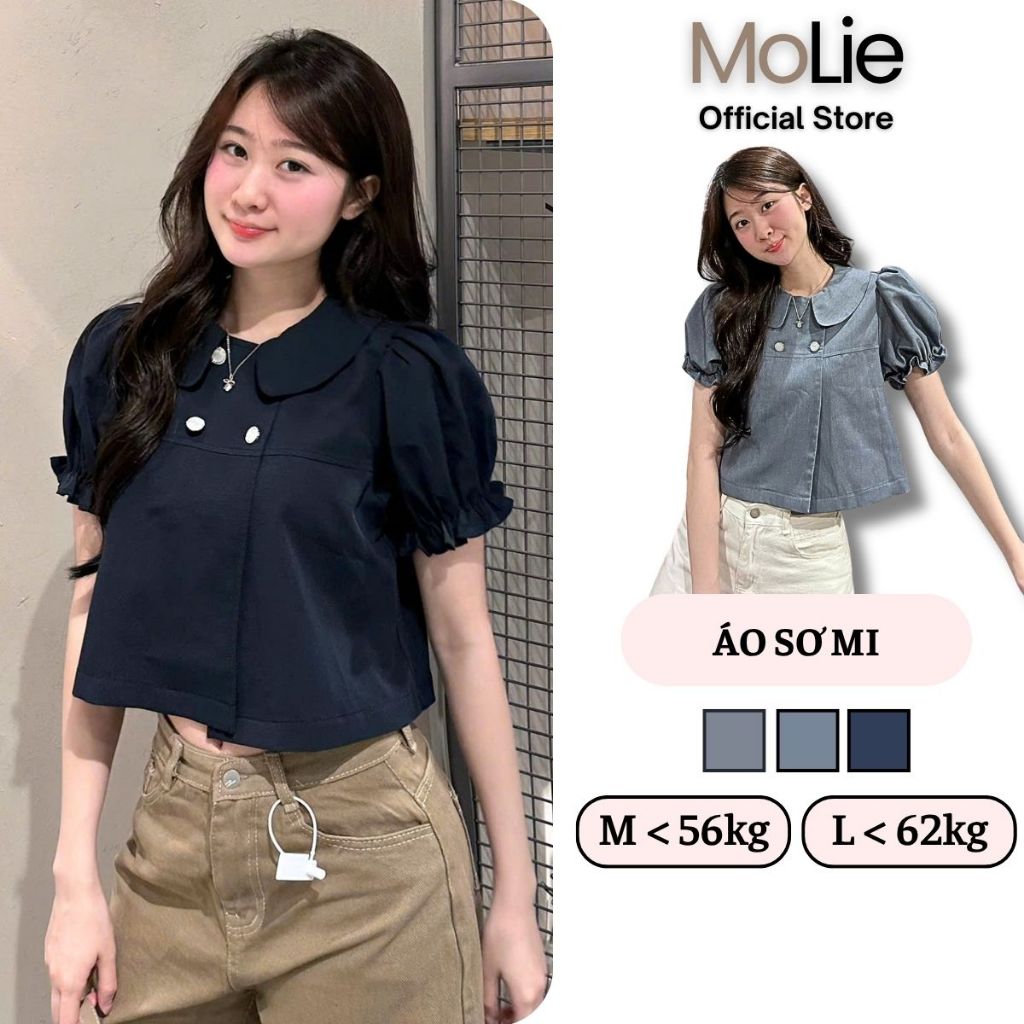 Áo Sơ Mi Dáng Croptop Cổ Sen Tay Bồng Chun Cúc Ngọc A867 MoLie Thời Trang Nữ