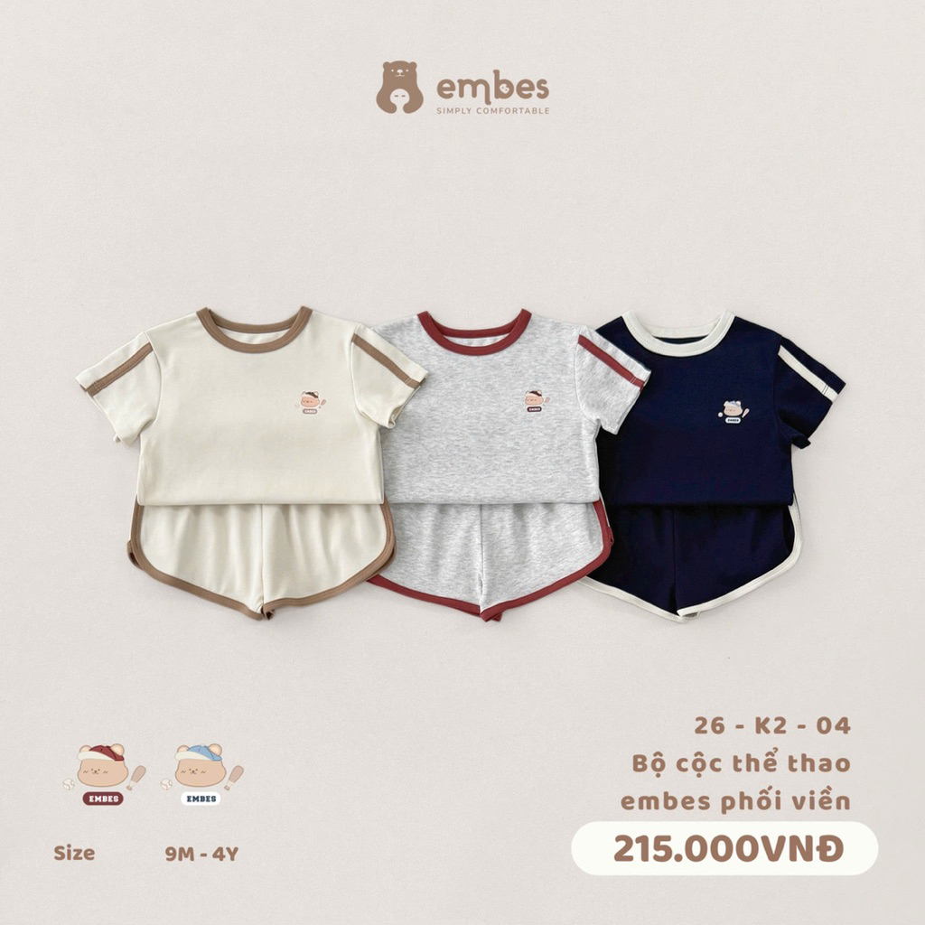 Bộ cộc phối quần vạt bầu cho bé trai bé gái Embes. Bộ cộc tay cotton co giãn cho bé BEO.Kids