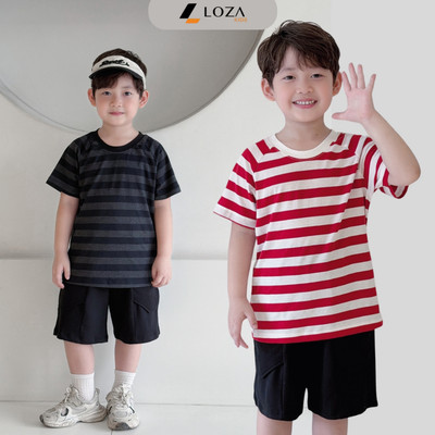 Bộ kẻ cho bé trai trơn size từ 15-40kg, quần áo cho trẻ em nam chất liệu cotton giấy Loza Kids TN31