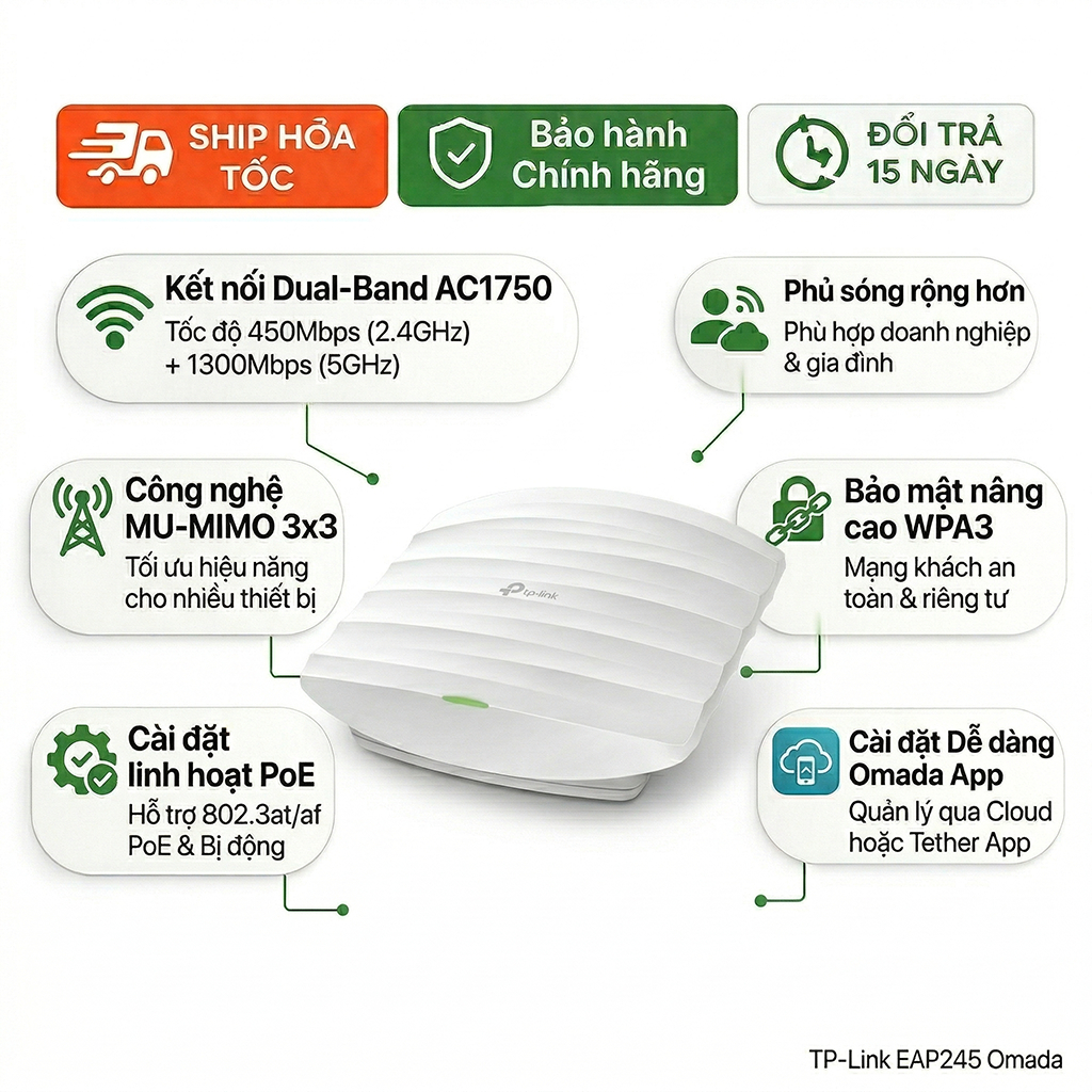 Access Point TP-Link EAP245 AC1750 Omada MU-MIMO Gắn Trần Chuẩn Doanh Nghiệp