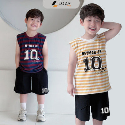 Bộ ba lỗ cho bé trai in số 10 NEYMAR họa tiết kẻ ngang, chất liệu cotton giấy size từ 15-40kg Loza Kids IB655