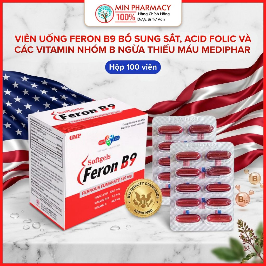 Viên uống Feron B9 Bổ sung sắt, acid folic và các vitamin nhóm B Ngừa thiếu máu Mediphar Hộp 100 viê