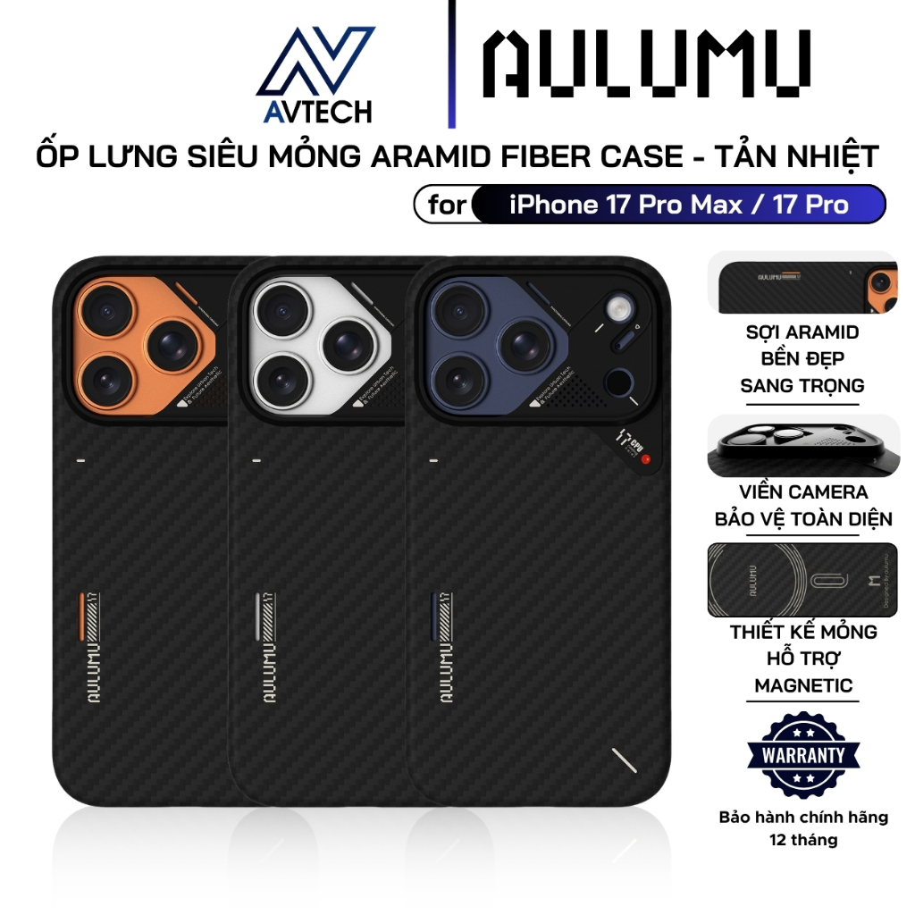 Ốp Lưng Aulumu A17 cho iPhone 17 Pro Max / 17 Pro, Aramid Ultra Slim, Vòng Tròn Không Dây Từ Tính, S
