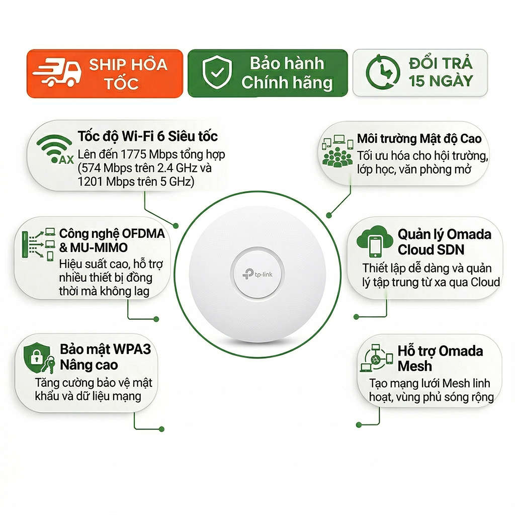 Access Point TP-Link EAP620 HD AX1800 WiFi 6 Omada High Density Doanh Nghiệp