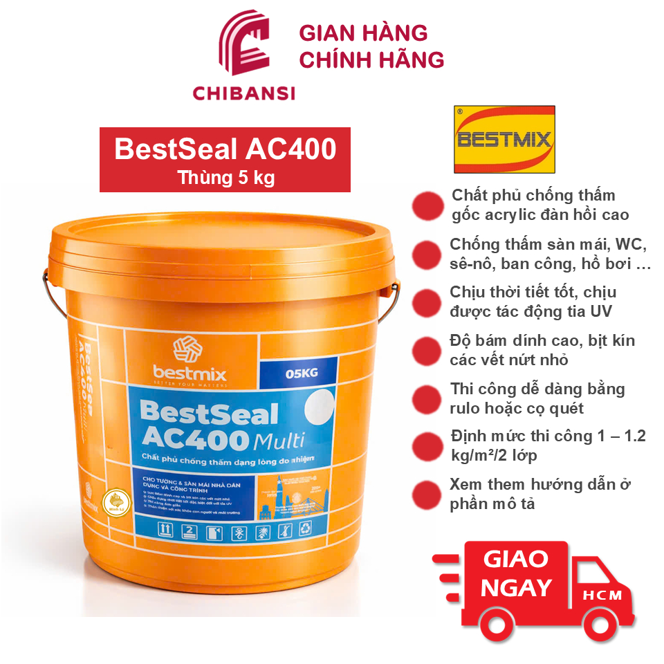 [Hỏa Tốc] Thùng 5kg BestSeal AC400 Màng Chống Thấm Đàn Hồi Cao Cho Sàn Mái WC Bể Nước Bestmix Sika